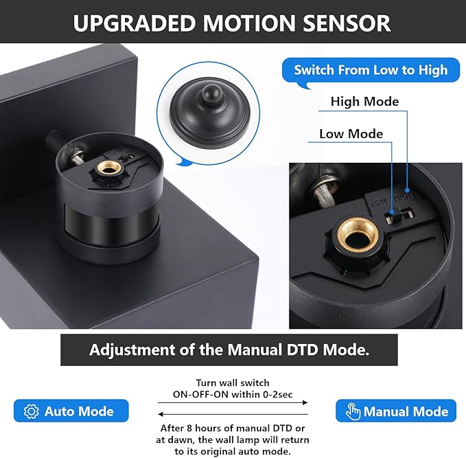 Motion Sensor Outdoor Wall Lanterns 2 Packs, Upgrade Dusk to Dawn Exterior Light Fixture, 3 Lighting Modes, Waterproof Front Porch Lights for Garage Patio Garden House Entryway, Black.