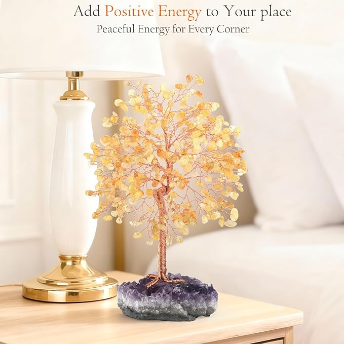 Gemstone Crystal Tree of Life,Natural Citrine(406 Stones Count) with Amethyst Cluster Base,Chakra Healing Crystals Positive Energy Fengshui Bonsai Money Tree Gift 8.5"-9"