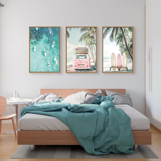 HOURIA Summer Surfboard Beach Framed Canvas Wall Art Set,Modern Ocean Surfing Seascape Wall Decor,Coastal Bus Coconut Tree Wall Painting,Nature Botanical Art Prints for Living Room, Bedroom-16 x24 x3