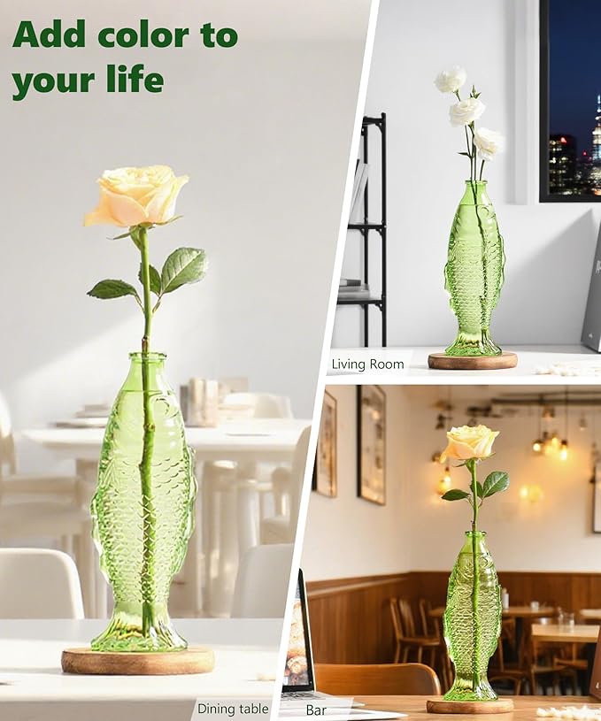 Nacome Fish Vase Propagation Stations: Glass Plant Terrarium with Wooden Stand for Home Office Desk Decor, Unique Gifts for Plant Lovers Women Mom (Green)