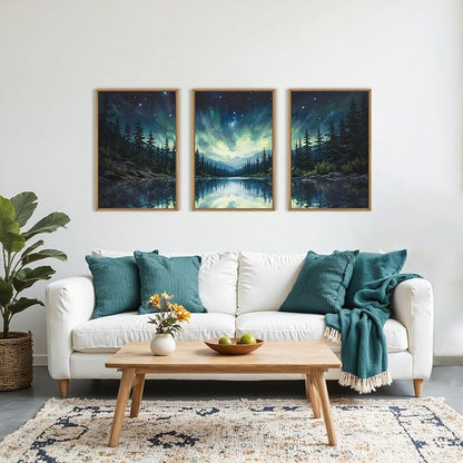 HOURIA Luminous Northern Lights Forest Lake Framed Canvas Wall Art Set,Starry Nordic Aurora Borealis Mountain Scenery Decor,Wilderness Pine Tree Reflection Artwork for Living Room,Farmhouse-24 x36 x3