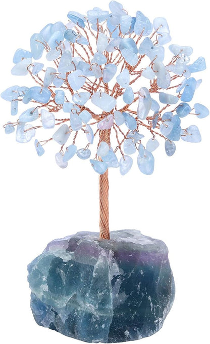 Jovivi Natural Aquamarine Crystal Tree, Raw Healing Crystals Fluorite Base Bonsai Money Tree for Home Office Table Decor Wealth and Luck