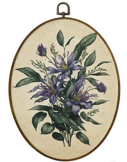 MAQIKA Retro Purple Floral Plant Oval Framed Wall Art Decor, Vintage Botanical Print, Wildflower Oval Wall Hanging Decor, Purple Flower Canvas Prints Wall Art for Bedroom Dorm Room, 8.7x11.3 Inch