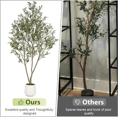 Olive Trees Artificial Indoor, 6FT Tall Faux Olive Tree with White Tall Planter, Artificial Plants with Natural Wood Trunk and Lifelike Fruits for Home Office Decor