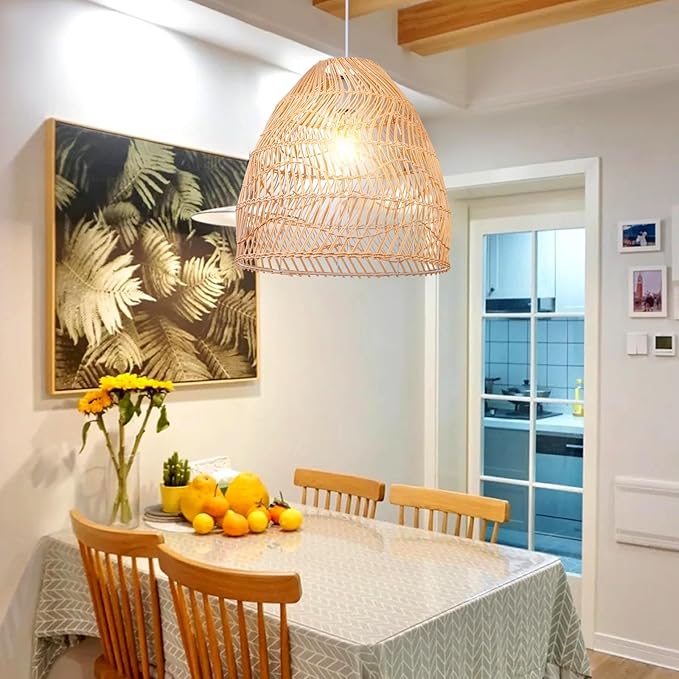 Arturesthome Rattan Pendant Light Fixture, Wicker Chandelier Boho Basket Ceiling Lighting, Large Natural Woven Hanging Lamp for Kitchen Island Sink