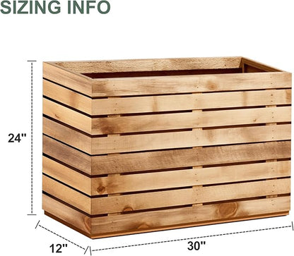 Metal Rectangular Outdoor Planter Box with Drainage Holes, Tall & Large Black Planters for Outdoor Plants, Flowers, Trees (30" L x 12" W x 24" H, Walnut Wood Grain)