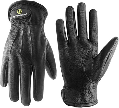 HLDD HANDLANDY Leather Work Gloves for Men & Women, Adjustable Wrist Cowhide Gardening Glove with Reinforced Palm for Driver