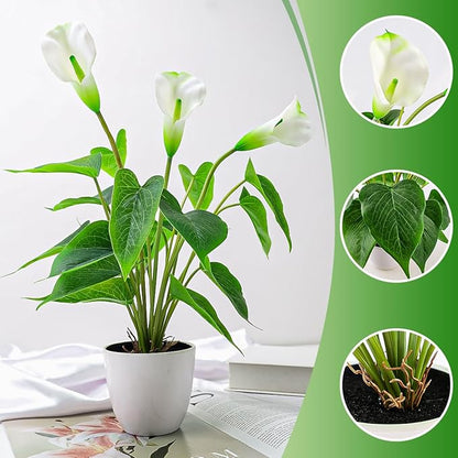 Folmywy Artificial Flower Plants Calla Lily 16 Inch Fake Peace Lily Potted Plant White Silk Plant Faux Bonsai Indoor Realistic Greenery Home Table Centerpieces Office Outdoor Garden Decor