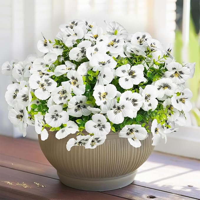 12 Bundles Artificial Flowers for Outdoor, UV Resistant Fake Pansy Flowers, Silk Faux Fowers for Outdoor Planters Home Garden Office Patio Front (12, White)