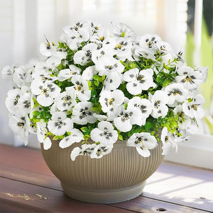 12 Bundles Artificial Flowers for Outdoor, UV Resistant Fake Pansy Flowers, Silk Faux Fowers for Outdoor Planters Home Garden Office Patio Front (12, White)