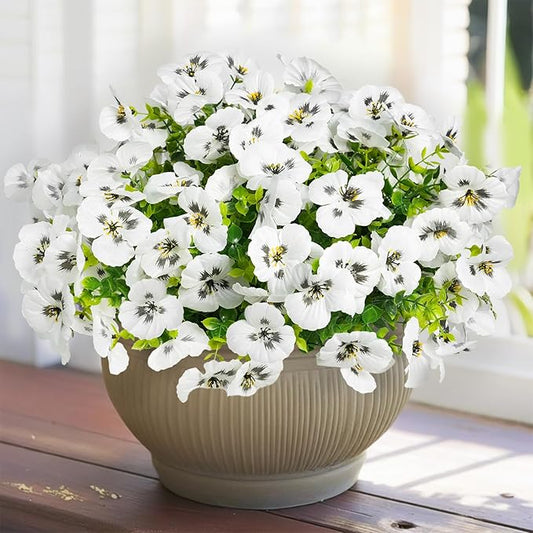 12 Bundles Artificial Flowers for Outdoor, UV Resistant Fake Pansy Flowers, Silk Faux Fowers for Outdoor Planters Home Garden Office Patio Front (12, White)