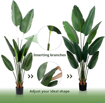 Artificial Bird of Paradise Plant 5 Ft Tall Fake Banana Leaf Plant for Indoors and Outdoors,Faux Palm Tree with Plastic Pot for Office and Home Decor,L1602PCS