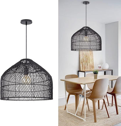Arturesthome Black Rattan Pendant Lights Lampshade, Wicker Boho Chandelier for Kitchen Island Dining Room Entryway Foyer W 16.5"* H13