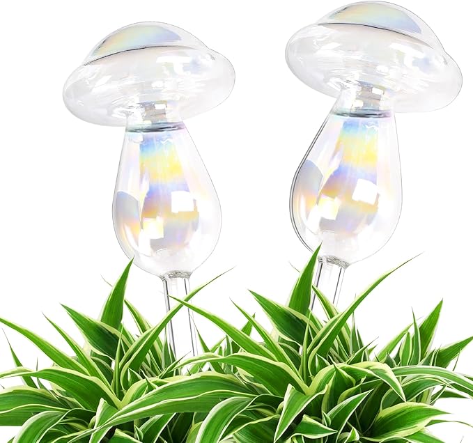 Plant Watering Globes, Iridescent Rainbow Glass Water Bulbs Self Watering Spikes Planter Insert Automatic Plant Watering Device for Indoor and Outdoor Plants(2Pcs, Mushroom Shaped)