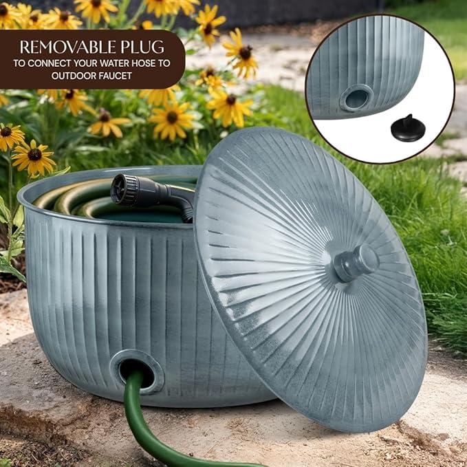 Monarch Abode Garden Hose Holder with Lid – Decorative Water Hose Holders for Outside, Ridge Embossed Metal Patina Pot with Drainage, 100ft Waterhose Holder for Outside, Garden Storage Caddy