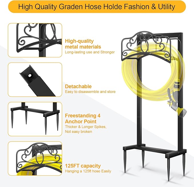 Garden Hose Holder -Upgraded Hose Holder Holds,Freestanding Heavy Duty Hose Hanger,Sturdy Hose Stand and Hose Storage for Lawn & Yard,Black(Butterfly-Style)