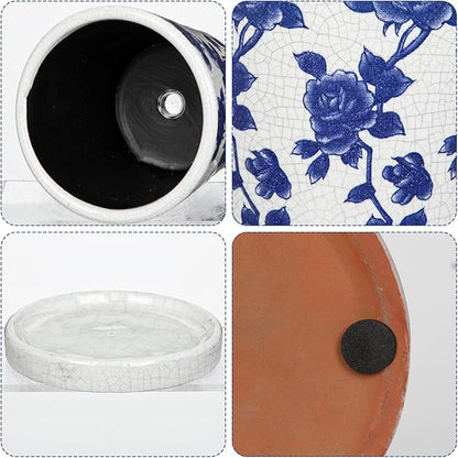 Ceramic Pot for Indoor Plants - 5.5 inch Flower Pot for Plants with Drainage Holes and Saucer Ice Crack Diamond Rose Flower Pattern Ceramic Planter for Outdoor Indoor Herb Snake Plant (Blue & White)
