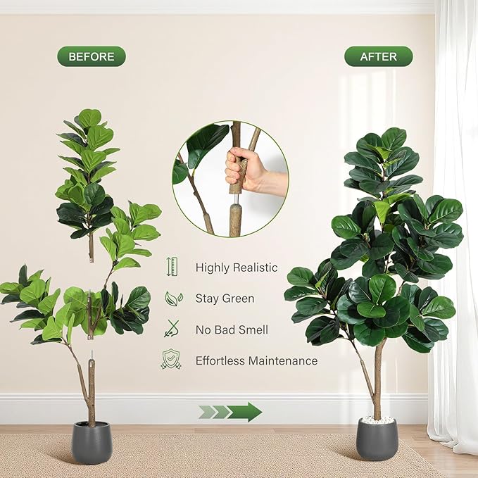 5 ft Fiddle Leaf Fig Tree Artificial with 77 Leaves - Realistic Faux Ficus Lyrata Trees in 7.8 in Grey Planter Pot, Indoor Fake Floor Plants for Home Office Living Room Decor, Housewarming Gift