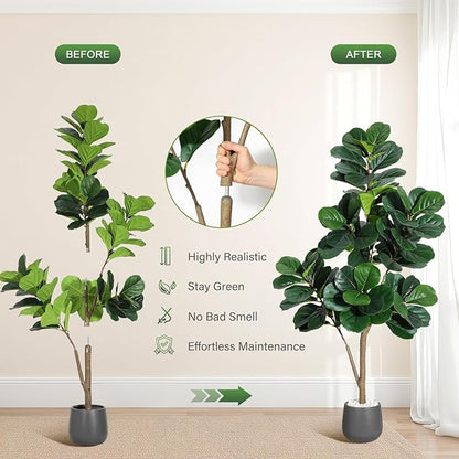 5 ft Fiddle Leaf Fig Tree Artificial with 77 Leaves - Realistic Faux Ficus Lyrata Trees in 7.8 in Grey Planter Pot, Indoor Fake Floor Plants for Home Office Living Room Decor, Housewarming Gift