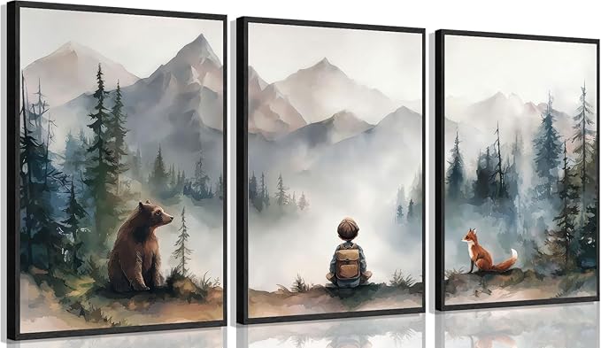 3Pcs Neutral Woodland Wild Animal Wall Art Cute Bear Fox Nursery Wall Decor Pictures Adventure Boy Posters Prints Vintage Forest Animal Canvas Paintings for Baby Room Playroom 12x16