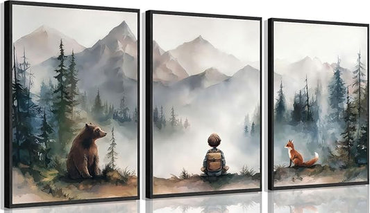 3Pcs Neutral Woodland Wild Animal Wall Art Cute Bear Fox Nursery Wall Decor Pictures Adventure Boy Posters Prints Vintage Forest Animal Canvas Paintings for Baby Room Playroom 12x16