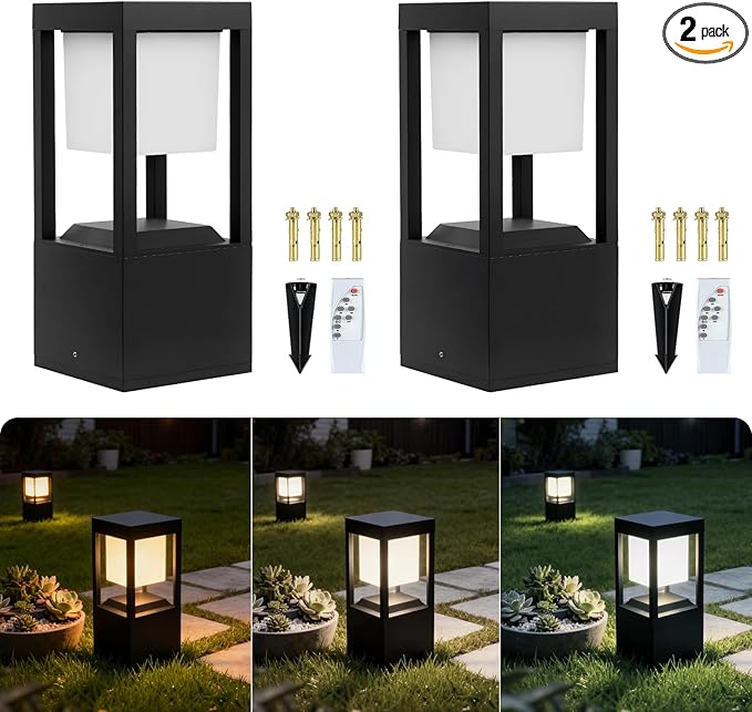Solar Bollard Lights Outdoor, 13" Modern Led Landscape Pathway Lights Waterpoorf, Path Lighting for Garden Yard Decoration, 3CCT Seturable, Auto On/Off, Lawn and Concrete Mount (2 Pack)