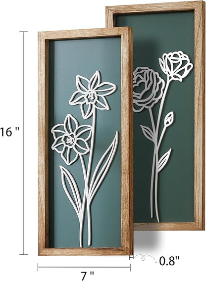 HKBS 3D Wooden Floral Wall Art, Set of 2 Framed Flowers Wall Art Sculptures, Boho Farmhouse Minimalist decor for Bathroom, Bedroom, Living Room, Kitchen or Office Wall Decorations Housewarming Gifts (Green)