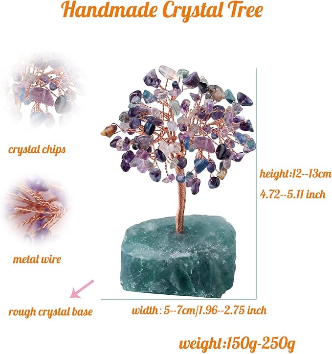 YATOJUZI Fluorite Healing Crystal Tree Natural Reiki Crystals Gemstone Stone Base Copper Wire Tree Life Money Trees Feng Shui Reiki Spiritual Energy Tree for Home Office Desk Decor Good Luck