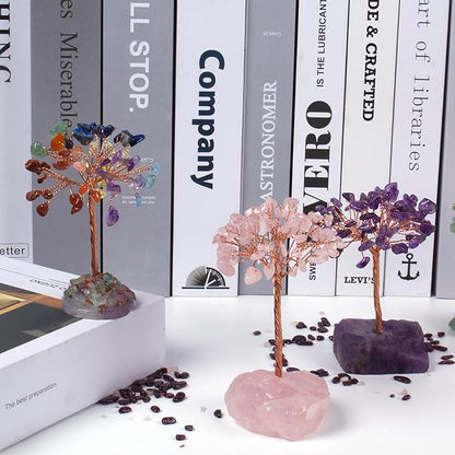 Rose Quartz Healing Crystal Tree，Natural Reiki Life Stone Base Copper Wire Tree Decor， Feng Shui Spiritual Energy for Pink Home Office Desk ， Ideal Meditation Gift for Women Men