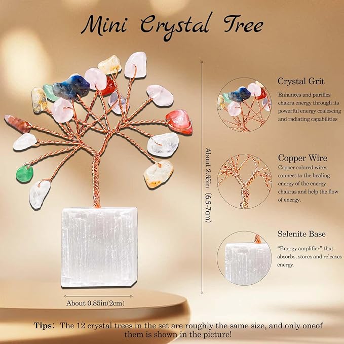 Runyangshi 12pcs Crystal Tree Set Natural Healing Crystal Gemstone Tree of Life with Selenite Base Trees Fengshui Good Luck Purification Positive Energy Home Decor