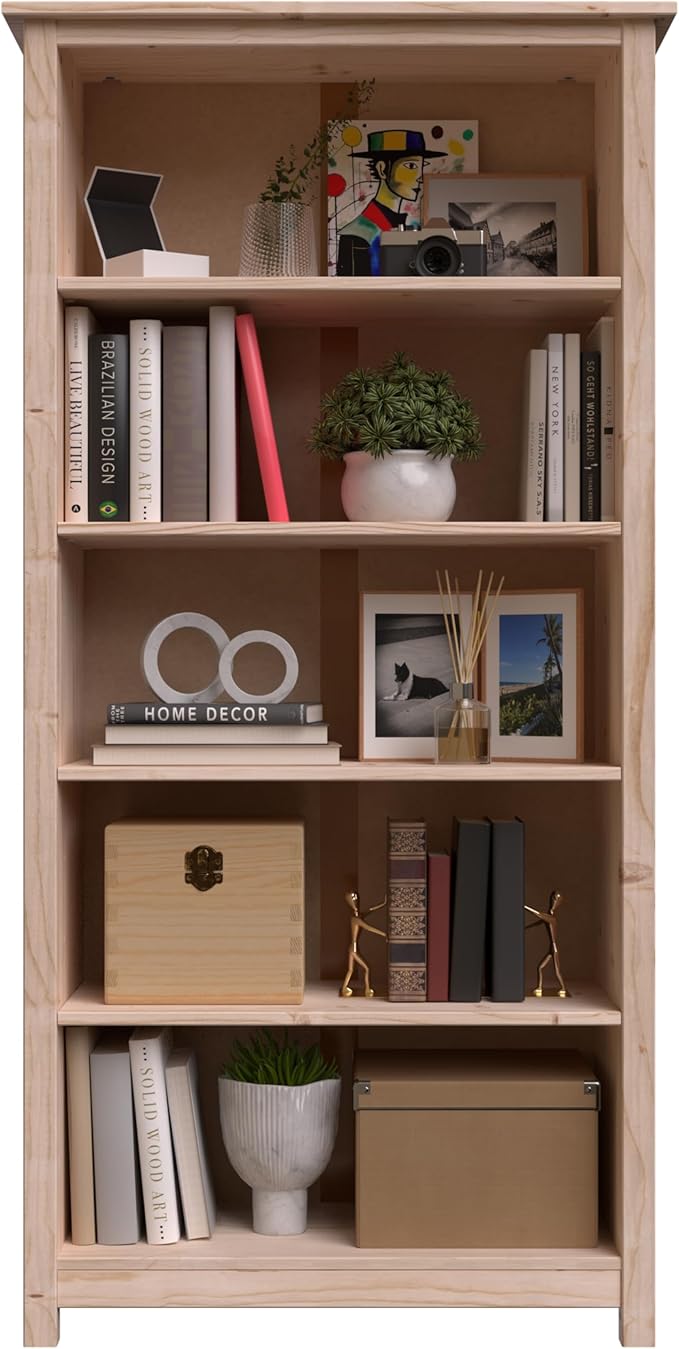 From the Tree Furniture Solid Pine Wood Bookcase – Tall Bookshelf with 4 Adjustable Shelves for Home, Office & Kids Room