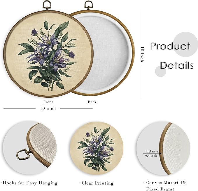 MAQIKA Retro Purple Floral Plant Framed Wall Art Decor, Vintage Botanical Print, Wildflower Round Wall Hanging Decor, Purple Flower Canvas Prints Wall Art for Bedroom Kitchen Dorm Room, 10x10 Inch