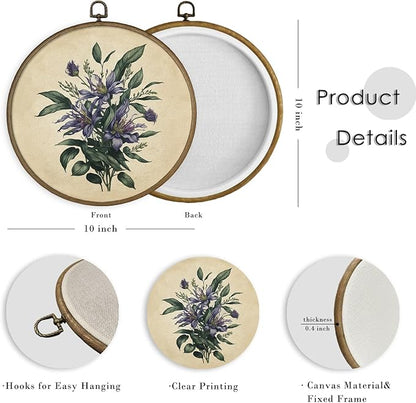 MAQIKA Retro Purple Floral Plant Framed Wall Art Decor, Vintage Botanical Print, Wildflower Round Wall Hanging Decor, Purple Flower Canvas Prints Wall Art for Bedroom Kitchen Dorm Room, 10x10 Inch