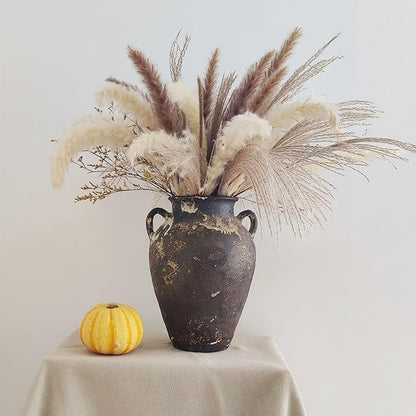 Black Pottery Vase - 10" Rustic Farmhouse vase, Vintage Weathered Terracotta Vases, Handmade Clay vases with Two Handles, Tall Textured Antique Vase for Home Decor, Entryway, Fireplace Mantel Decor