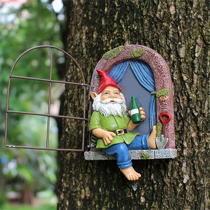 Garden Gnome Window Statue for Trees and Wall, Drinking Dwarf Fairy Garden Miniature Accessories, Patio Art Sculpture