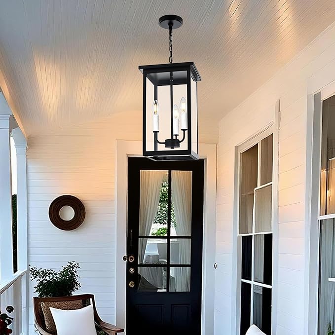 3 Lights Indoor Pendant Light White Outdoor Chandelier Exterior Hanging Fixture Ceiling Mount with Clear Glass Shade Hanging Lantern Light Adjustable Pendant Light for Outdoor Hallway