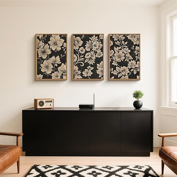 Large Vintage Floral Framed Canvas Wall Art Set,Mid Century Modern Flower Wall Decor,Neutral Wildflower Art Prints,Retro Botanical Plant Artwork for Living Room,Dining Room,Office-24 x36 x3