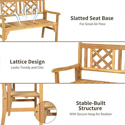 Tangkula Folding Outdoor Wood Garden Bench, Foldable Acacia Wood Patio Bench with Wide Curved Armrest & Backrest, Outside 2-Person Loveseat Chair for Entryway, Yard, Deck, Balcony & Park