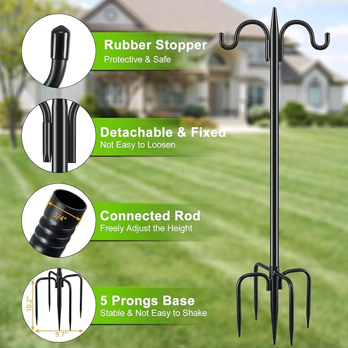 Gtongoko Double Shepherds Hook for Outdoor, 77 Inch Heavy Duty Bird Feeder Pole 3/4 Inch Thick Garden Hooks for Hanging Hummingbird Feeder, Plant Baskets, Solar Light Lanterns, 1 Pack