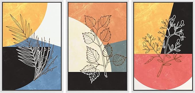 Ashbrook Framed Wall Art Print Set Geometric Mid-Century Color Block Plant Silhouettes Abstract Nature Illustrations Modern Art Boho Colorful for Living Room, Bedroom, Office - 16"x24"x3 White