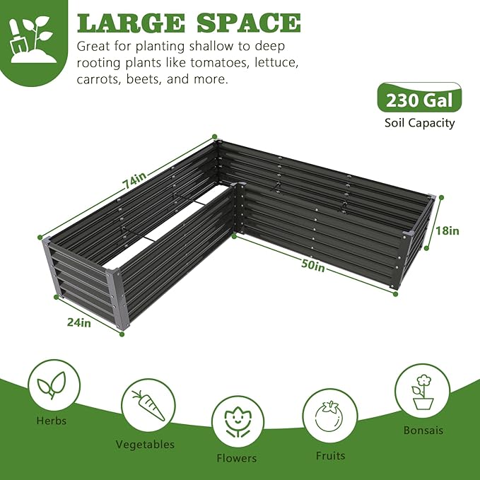 A ANLEOLIFE L-Shaped Galvanized Raised Garden Beds Outdoor,74x74x18in Large Metal Planter Box for Planting Vegetables Flowers Herb, Anti-Rust & Easy-Setup, Quartz Grey