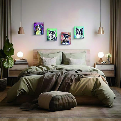 Framed Watercolor Dog Wall Art Canvas, Set of 4 Modern Pet Printing 8x10 Inches, Bernese Mountain Dog, Schnauzer, Border Collie, Husky Prints