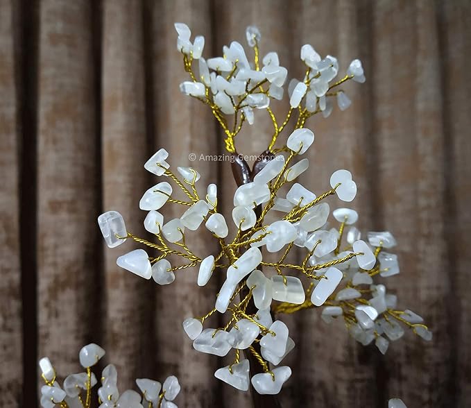 White Moonstone Natural Healing Premium Crystal Bonsai Feng Shui Fortune Money Tree of Life for Home Office Decor (Gift Box Ready,10-12 Inch)
