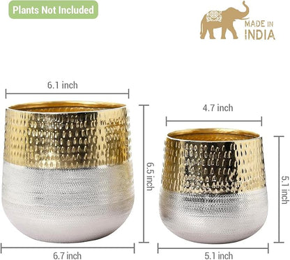 MyGift Round Two-Toned Indoor Planter Pot, Hammered Brass and Milled Embossed Silver Tone Metal Planter Vase, Set of 2 - Handcrafted in India