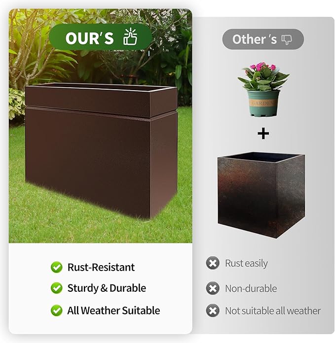 Metal Rectangular Planter Box, Powder Coating Steel Large Planters 35" L x 12" W x 26" H with Drainage Hole, Indoor Outdoor All-Weather Use for Home, Porch, Patio, Garden(Bronze)