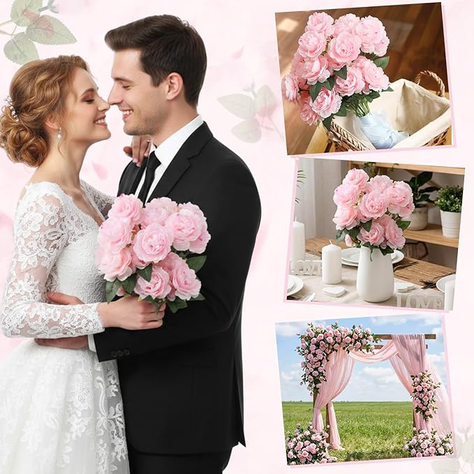 36 Bundles Artificial Flowers Peonies Roses Fake Bouquet for Wedding Bridal Shower Valentine's Day Decorations Fake Floral Arrangements Table Centerpieces Home Decor(Light Pink)