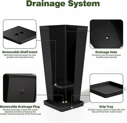 Square Tall Planters for Outdoor Plants Set of 2-23.6" Modern Tapered Indoor Flower Pots with Drainage Holes/Partition/Tray, Large Outdoor Planters for Porch Patio Garden Front Porch, Black