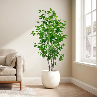 Artificial Ficus Tree with Green Leaves, 5ft Tall, Indoor Plant with Decorative Beige Planter