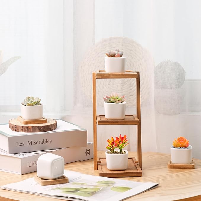 T4U 2 Inch Mini White Square Succulent Pots with Bamboo Trays, Mini Ceramic Planters for Tiny Cactus, Air Plants, Faux Plants – Gift for Plant Lovers, Desk & Home Decor (12 Pack)