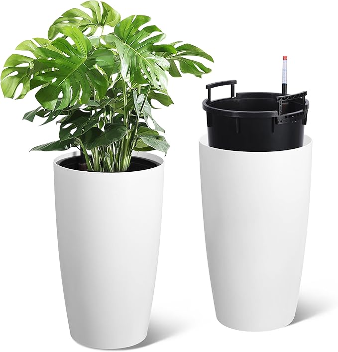 22" Tall Round Planter Set of 2, Self Watering Pots for Indoor Plants, Large Flower Pot Outdoor With Built-In Drainage and a Water Level Monitor, for Patio, Porch, Living Room, or Home Office, White